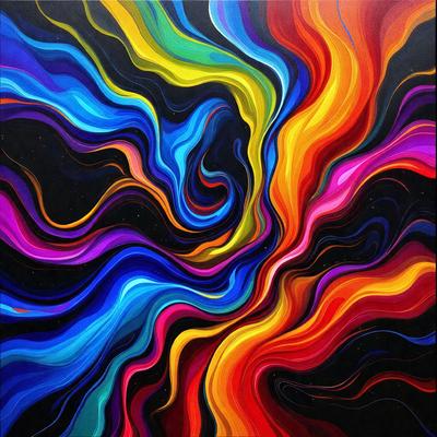 The primary subject of the image is a vibrant and colorful painting featuring a swirling pattern of colors. The setting is a black background, which contrasts with the painting's vivid colors. The visual style appears to be a combination of digital art and illustration, creating a dynamic and engaging artwork. The dominant colors in the painting are red, blue, yellow, and orange, which contribute to a lively and energetic atmosphere.